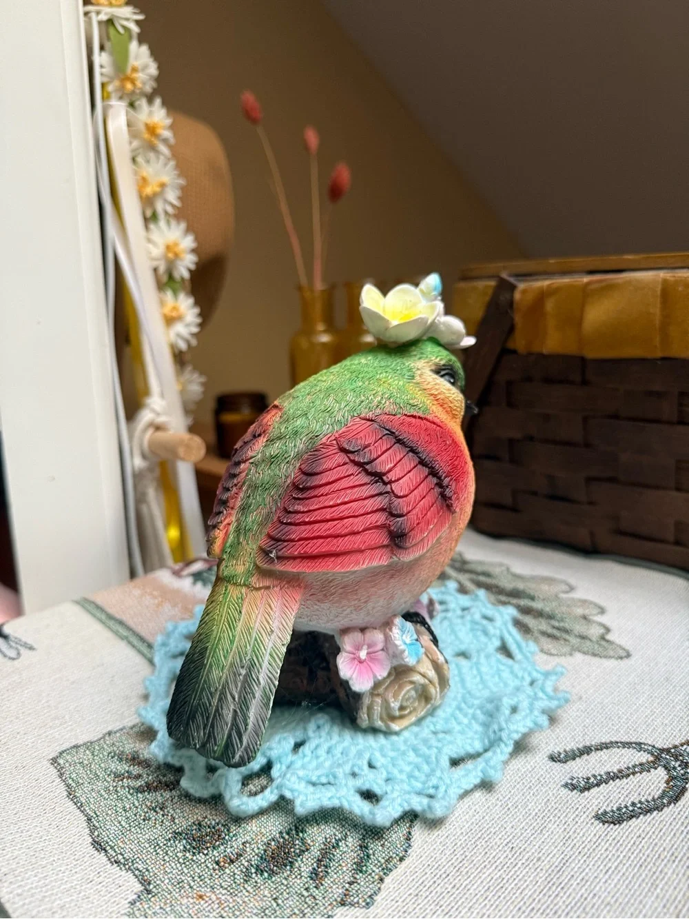 Colorful Decorative Bird Figurine with Pastel Floral Accents -Green, Red, Yellow